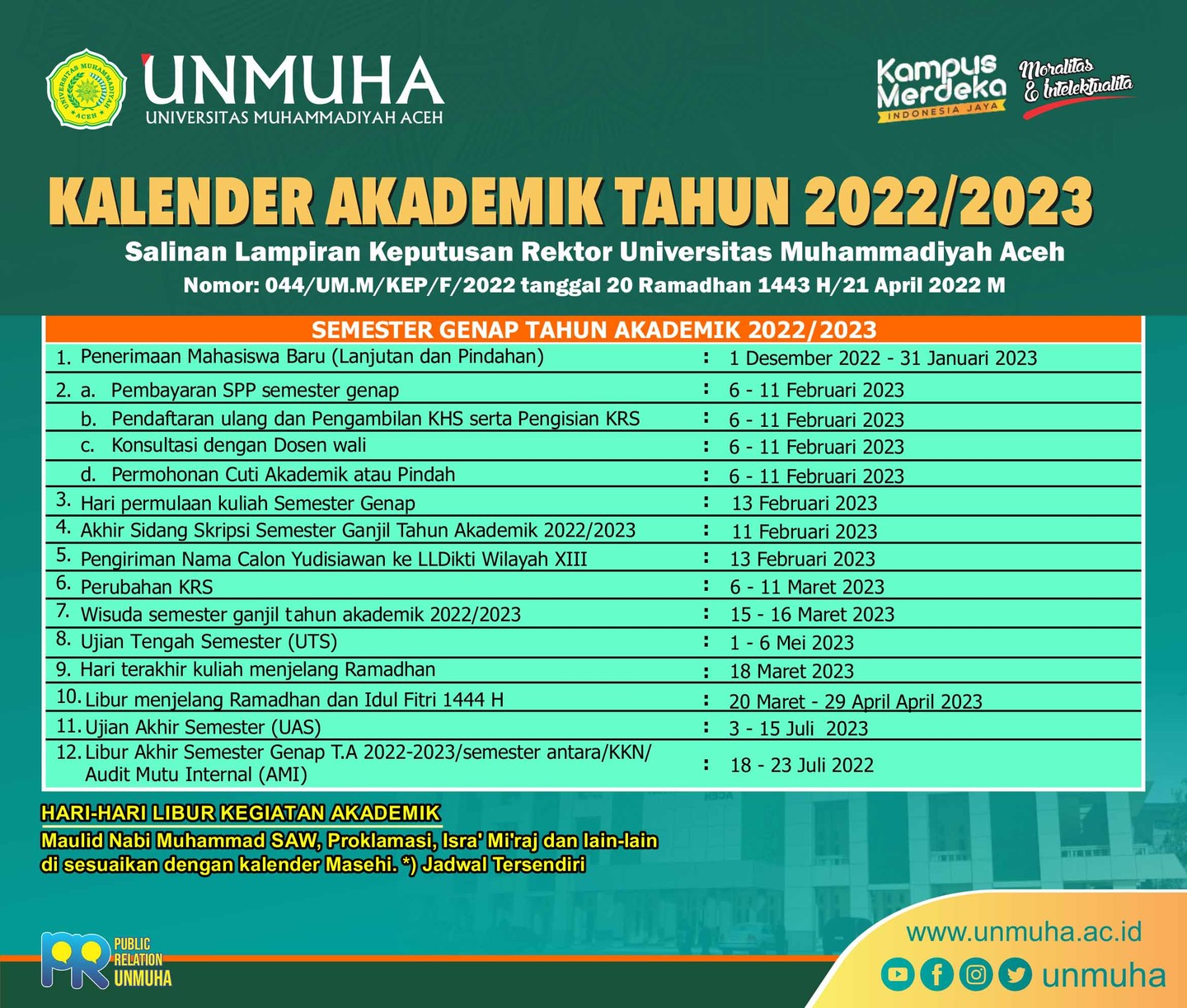 Assalamu'alaikum wr.wb,
Diberitahukan kepada seluruh mahasiswa Fakultas Vokasi Universitas Muhammadiyah Aceh (UNMUHA), berikut ini kami sampaikan bahwa untuk kegiatan Semester Genap Tahun Akademik 2022/2023, mulai dari pembayaran SPP, Pendaftaran Ulang, Pengambilan KHS, Pengisian KRS, Konsultasi dengan Dosen Wali akan dimulai tanggal 6 s.d 11 Februari 2023. Hari Permulaan Kuliah Semester Genap akan dilaksanakan pada tanggal 13 Februari 2023. Untuk kelancaran pelaksanaan kegiatan Perkuliahan Semester Genap TA 2022/2023, diharapkan seluruh mahasiswa mematuhi dan melaksanakan sesuai dengan Kalender Akademik tersebut di atas. 
Demikian, terima kasih.
Wassalamu'alaikum wr. wb.