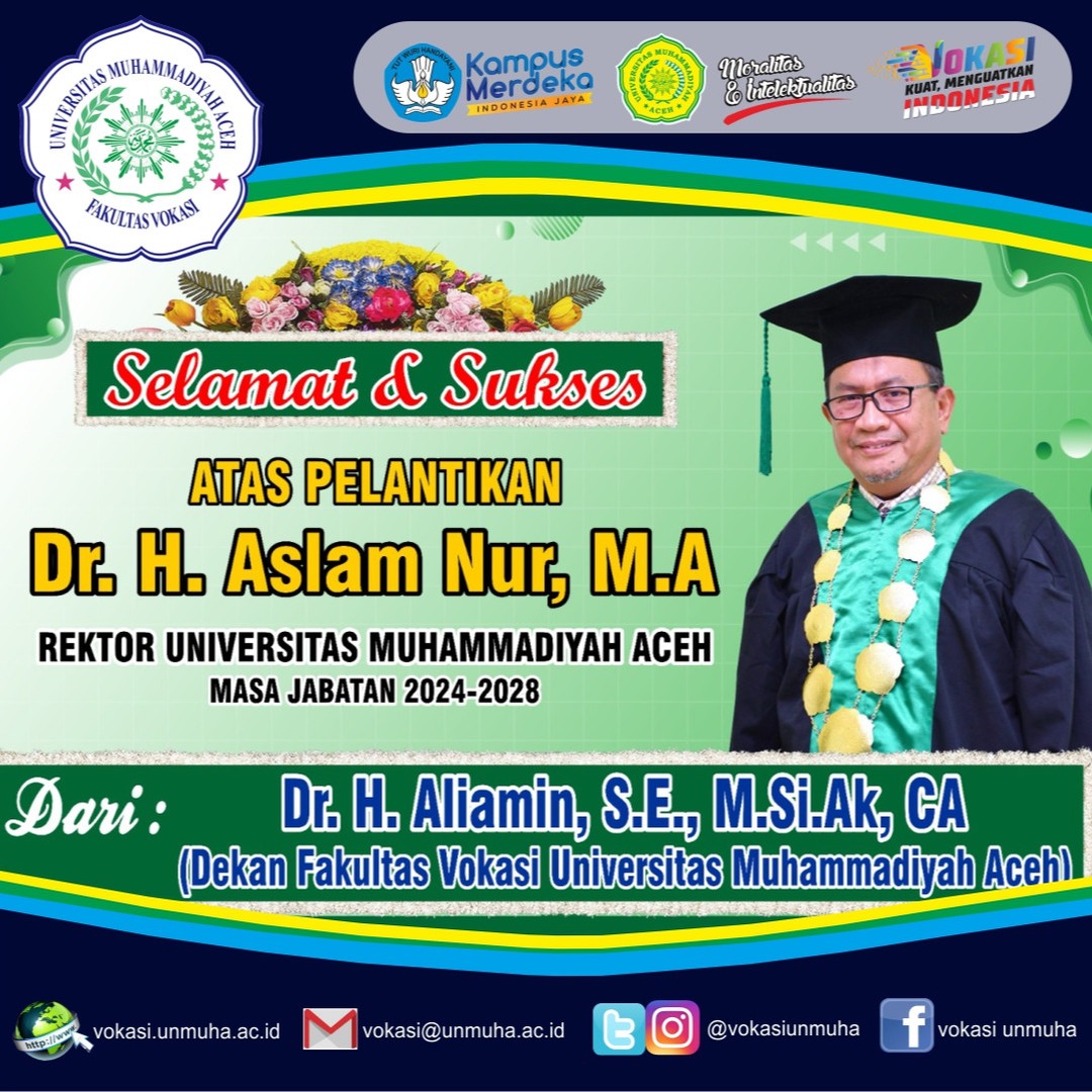 Alhamdulillah, Selamat atas Pelantikan Dr. H. Aslam Nur, M.A (Rektor Universitas Muhammadiyah Aceh Masa Jabatan 2024-2028), Semoga Universitas Muhammadiyah Aceh semakin berjaya